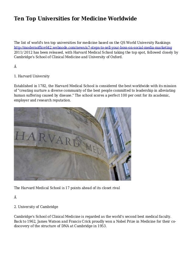 Ten Top Universities for Medicine Worldwide