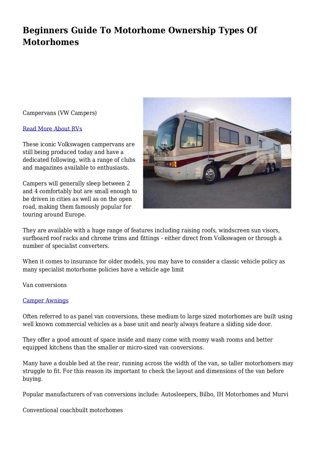 Beginners Guide To Motorhome Ownership Types Of Motorhomes