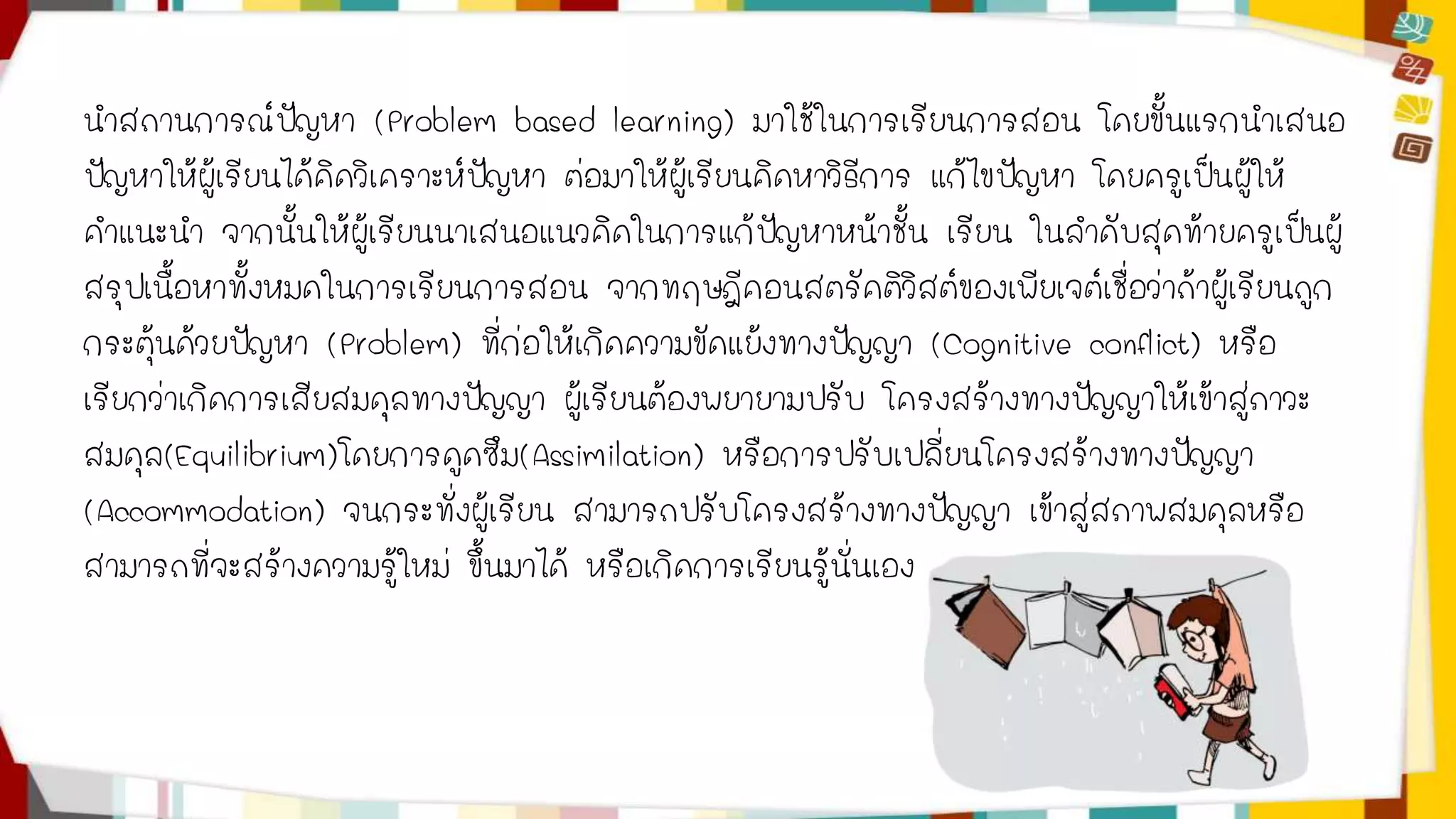 นาสถานการณ์ปัญหา (Problem based learning) มาใช้ในการเรียนการสอน โดยขั้นแรกนาเสนอ 
ปัญหาให้ผู้เรียนได้คิดวิเคราะห์ปัญหา ต่อมาให้ผู้เรียนคิดหาวิธีการ แก้ไขปัญหา โดยครูเป็นผู้ให้ 
คาแนะนา จากนั้นให้ผู้เรียนนาเสนอแนวคิดในการแก้ปัญหาหน้าชั้น เรียน ในลาดับสุดท้ายครูเป็นผู้ 
สรุปเนื้อหาทั้งหมดในการเรียนการสอน จากทฤษฎีคอนสตรัคติวิสต์ของเพียเจต์เชื่อว่าถ้าผู้เรียนถูก 
กระตุ้นด้วยปัญหา (Problem) ที่ก่อให้เกิดความขัดแย้งทางปัญญา (Cognitive conflict) หรือ 
เรียกว่าเกิดการเสียสมดุลทางปัญญา ผู้เรียนต้องพยายามปรับ โครงสร้างทางปัญญาให้เข้าสู่ภาวะ 
สมดุล(Equilibrium)โดยการดูดซึม(Assimilation) หรือการปรับเปลี่ยนโครงสร้างทางปัญญา 
(Accommodation) จนกระทั่งผู้เรียน สามารถปรับโครงสร้างทางปัญญา เข้าสู่สภาพสมดุลหรือ 
สามารถที่จะสร้างความรู้ใหม่ ขึ้นมาได้ หรือเกิดการเรียนรู้นั่นเอง 
 