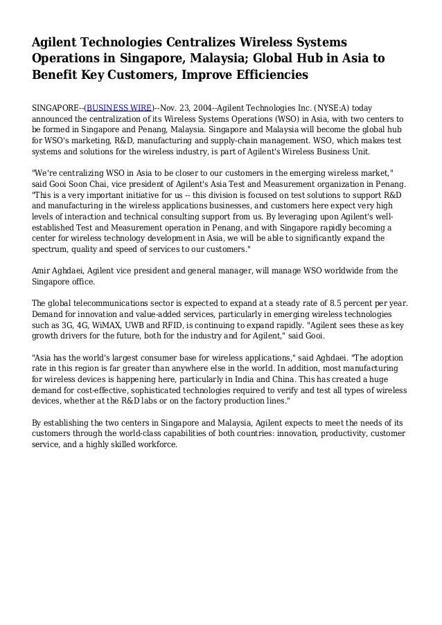 Agilent Technologies Centralizes Wireless Systems Operations In Singa