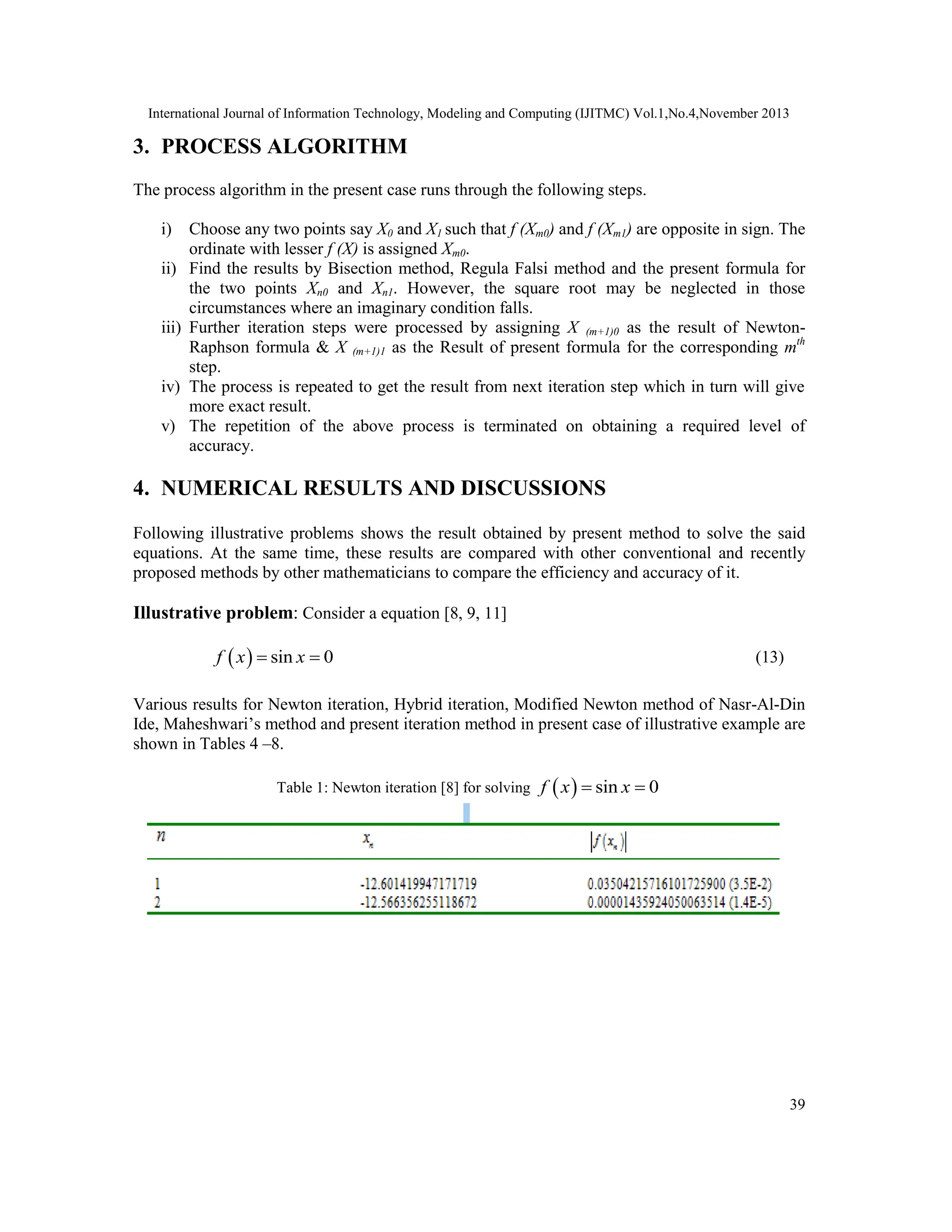 International Journal of Information Technology, Modeling and Computing (IJITMC) Vol.1,No.4,November 2013
39
3. PROCESS ALGORITHM
The process algorithm in the present case runs through the following steps.
i) Choose any two points say X0 and X1 such that f (Xm0) and f (Xm1) are opposite in sign. The
ordinate with lesser f (X) is assigned Xm0.
ii) Find the results by Bisection method, Regula Falsi method and the present formula for
the two points Xn0 and Xn1. However, the square root may be neglected in those
circumstances where an imaginary condition falls.
iii) Further iteration steps were processed by assigning X (m+1)0 as the result of Newton-
Raphson formula & X (m+1)1 as the Result of present formula for the corresponding mth
step.
iv) The process is repeated to get the result from next iteration step which in turn will give
more exact result.
v) The repetition of the above process is terminated on obtaining a required level of
accuracy.
4. NUMERICAL RESULTS AND DISCUSSIONS
Following illustrative problems shows the result obtained by present method to solve the said
equations. At the same time, these results are compared with other conventional and recently
proposed methods by other mathematicians to compare the efficiency and accuracy of it.
Illustrative problem: Consider a equation [8, 9, 11]
  sin 0
f x x
  (13)
Various results for Newton iteration, Hybrid iteration, Modified Newton method of Nasr-Al-Din
Ide, Maheshwari’s method and present iteration method in present case of illustrative example are
shown in Tables 4 –8.
Table 1: Newton iteration [8] for solving   sin 0
f x x
 
 