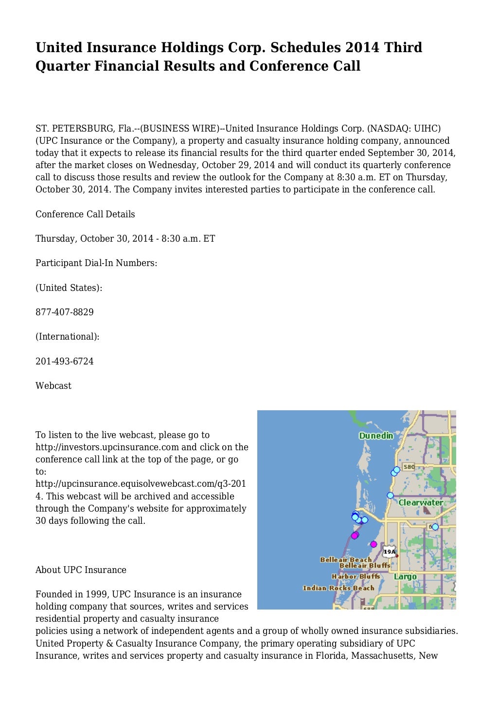 United Insurance Holdings Corp. Schedules 2014 Third