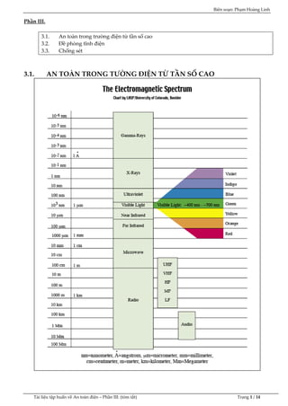 Biên soạn: Phạm Hoàng Linh
Tài liệu tập huấn về An to|n điện – Phần III: (tóm tắt) Trang 1 / 14
Phần III.
3.1. An to|n trong trường điện từ tần số cao
3.2. Đề phòng tĩnh điện
3.3. Chống sét
3.1. AN TOÀN TRONG TƯỜNG ĐIỆN TỪ TẦN SỐ CAO
 
