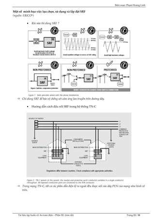 Biên soạn: Phạm Hoàng Linh
Tài liệu tập huấn về An to|n điện – Phần III: (tóm tắt) Trang 11 / 14
Một số minh họa việc lựa chọn, sử dụng và lắp đặt SRF
(nguồn: ERICO®)
 Khi nào thì dùng SRF ?
 Chỉ dùng SRF để bảo vệ chống sét cảm ứng lan truyền trên đường dây.
 Hướng dẫn c{ch đấu nối SRF trong hệ thống TN-C
 Trong mạng TN-C, tất cả các phần dẫn điện lộ ra ngoài đều được nối vào dây PEN của mạng như hình vẽ
trên.
 