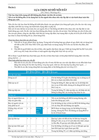 Biên soạn: Phạm Hoàng Linh
Tài liệu tập huấn về An toàn điện – Phụ lục 1, 2 Trang 2 / 5
Phụ lục 2.
LỰA CHỌN SƠ ĐỒ NỐI ĐẤT
(TT / TN-C / TN-S hay IT )
Việc lựa chọn kiểu mạng nối đất không phụ thuộc vào tiêu chí an toàn.
Tất cả các hệ thống đều có tác dụng bảo vệ cho người như nhau nếu việc lắp đặt và vận hành được tuân thủ
đúng quy cách.
Tiêu chí cho việc lựa chọn hệ thống tốt nhất phụ thuộc vào quy phạm (của từng quốc gia), yêu cầu của việc cung
cấp điện, tính liên tục trong vận hành kiểu mạng điện và phụ tải.
Nếu xét về mức độ bảo vệ an toàn cho con người, thì cả 3 hệ thống nối đất là như nhau nếu việc lắp đặt và vận
hành đúng quy cách. Do đó, việc lựa chọn không phụ thuộc vào tiêu chí an toàn. Việc kết hợp các yếu tố như yêu
cầu của quy phạm, công tác cấp điện, tính liên tục trong cấp điện, loại mạng điện và phụ tải sẽ là yếu tố để có thể
lựa chọn ra được hệ thống tốt ưu. (Xem bảng E16)
Chọn lựa được dựa trên các yếu tố sau:
1. Trên tất cả, là quy phạm được áp dụng .Trong một số trường hợp quy phạm sẽ quy định việc sử dụng loại
nối đất cụ thể. (VD: theo NEC-USA, quy định buộc sử dụng mạng TN-S cho các hộ tiêu thụ điện, dân
dụng)
2. Thứ đến là quyết định của chủ sở hữu, nếu nguồn cấp được cấp qua 1 biến áp trung thế/ hạ thế (trạm phân
phối trung thế), hoặc chủ sở hữu có một nguồn cấp riêng biệt (hoặc biến áp cách ly).
Để có được 1 quyết định lựa chọn hiệu quả, thì chủ sở hữu thảo luận với bộ phận thiết kế mạng điện (nhà thầu,
phòng thiết kế, …).
Thảo luận phải bao trùm các vấn đề:
- Đầu tiên là các yêu cầu về hoạt động (yêu cầu về mức độ liên tục của việc cấp điện) và các điều kiện hoạt
động (bảo dưỡng bởi thợ điện hay không, trong hay ngoài, nhân lực nhà máy hay huy động thuê ngoài, …)
- Thứ đến là các đặc trưng riêng biệt của mạng điện và hệ thống phụ tải (xem bảng E17)
TT TN-S TN-C IT1 IT2 chú giải
Các đặc tính điện
Dòng sự cố - - - - - + - - Chỉ hệ thống IT là gần như không xảy ra dòng sự cố
khi xả ra chạm mát điểm thứ nhất.
Điện áp sự cố - - - + - Trong hệ thống IT, điện áp tiếp xúc là rất thấp khi
sảy ra sự cố thứ nhất, nhưng sẽ là đáng kể khi sự cố
thứ 2 xảy ra.
Điện áp tiếp xúc +/- - - - + - Trong hệ thống TT, điện áp tiếp xúc rất thấp nếu hệ
thống là đẳng thế, các trường hợp khác là cao
Sự bảo vệ
Bảo vệ người khỏi các
tiếp xúc gián tiếp
+ + + + + Tất cả các hệ thống nối đất là tương đương, nếu
tuân thủ đúng quy cách.
Bảo vệ người với các
máy phát sự cố
+ - - + - Các hệ thống dc bảo vệ bởi các RCD thì không nhạy
với các thay đổi nội kháng của nguồn
Chống cháy nổ (với
RCD)
+ + Không
cho
phép
+ + RCD được sử dụng trong các hệ thống là tương
tương, nhưng hệ TN-C thì không sử dụng RCD vì
lý do về hoản hoạn.
Quá áp
Quá áp liên tục + + + - + Quá áp 1 pha với đất sẽ duy trì liên tục trong hệ
thống IT nếu có sự cố về cách điện thứ nhất. (chạm
vỏ lầu đầu  quá áp cách điện pha-đất)
Quá áp tạm thời, quá
độ.
+ - - + - Các hệ thống với dòng sự cố cao có thể gây quá áp
tạm thời (quá áp ở giai đoạn quá độ)
Quá áp nếu máy biến áp - + + + + Trong hệ thống TT, có 1 điện áp không cân bằng
 