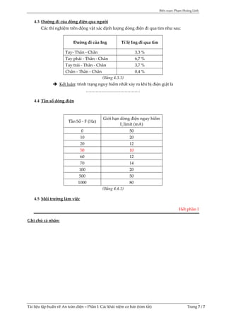 Biên soạn: Phạm Hoàng Linh
Tài liệu tập huấn về An toàn điện – Phần I: Các khái niệm cơ bản (tóm tắt) Trang 7 / 7
4.3 Đường đi của dòng điện qua người
Các thí nghiệm trên động vật xác định lượng dòng điện đi qua tim như sau:
Đường đi của Ing Tỉ lệ Ing đi qua tim
Tay- Thân - Chân 3,3 %
Tay phải - Thân - Chân 6,7 %
Tay trái - Thân - Chân 3,7 %
Chân - Thân - Chân 0,4 %
(Bảng 4.3.1)
 Kết luận: trình trạng nguy hiểm nhất xảy ra khi bị điện giật là
…………………………………
4.4 Tần số dòng điện
Tần Số - F (Hz)
Giới hạn dòng điện nguy hiểm
I_limit (mA)
0 50
10 20
20 12
50 10
60 12
70 14
100 20
500 50
1000 80
(Bảng 4.4.1)
4.5 Môi trường làm việc
Hết phần I
Ghi chú cá nhân:
 