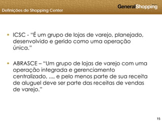 Definições de Shopping Center
 ICSC “É um grupo de lojas de varejo planejado ICSC - É um grupo de lojas de varejo, planejado,
desenvolvido e gerido como uma operação
única.”
 ABRASCE – “Um grupo de lojas de varejo com uma
operação integrada e gerenciamentooperação integrada e gerenciamento
centralizado, ..., e pelo menos parte de sua receita
de aluguel deve ser parte das receitas de vendas
de varejo.”
151515
 