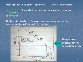 112
From equation ( C) a plot of log k verses 1/T yields a slope equal to
- from which the value for the heat of activation can
be calculated.
The heat of activation ( ∆Ha ) represents the energy the reacting
molecule must acquire to undergo reaction
∆Ha
2.303 R
Temperature
dependency of
degradation rate
 