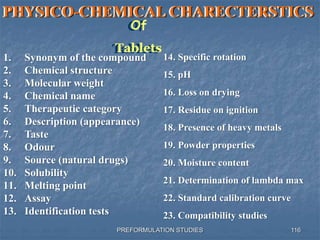 PREFORMULATION STUDIES
PHYSICO-CHEMICAL CHARECTERSTICS
Of
Tablets
1. Synonym of the compound
2. Chemical structure
3. Molecular weight
4. Chemical name
5. Therapeutic category
6. Description (appearance)
7. Taste
8. Odour
9. Source (natural drugs)
10. Solubility
11. Melting point
12. Assay
13. Identification tests
14. Specific rotation
15. pH
16. Loss on drying
17. Residue on ignition
18. Presence of heavy metals
19. Powder properties
20. Moisture content
21. Determination of lambda max
22. Standard calibration curve
23. Compatibility studies
116
 