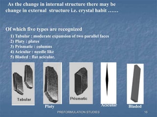 PREFORMULATION STUDIES
1) Tabular : moderate expansion of two parallel faces
2) Platy : plates
3) Prismatic : columns
4) Acicular : needle like
5) Bladed : flat acicular.
Acicular Bladed
As the change in internal structure there may be
change in external structure i.e. crystal habit ……
Of which five types are recognized
Platy
16
 