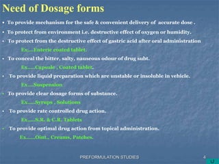 PREFORMULATION STUDIES
Need of Dosage forms
• To provide mechanism for the safe & convenient delivery of accurate dose .
• To protect from environment i.e. destructive effect of oxygen or humidity.
• To protect from the destructive effect of gastric acid after oral administration
Ex….Enteric coated tablet.
• To conceal the bitter, salty, nauseous odour of drug subt.
Ex…..Capsule , Coated tablet.
• To provide liquid preparation which are unstable or insoluble in vehicle.
Ex….Suspension
• To provide clear dosage forms of substance.
Ex…..Syrups , Solutions
• To provide rate controlled drug action.
Ex…..S.R. & C.R. Tablets
• To provide optimal drug action from topical administration.
Ex……Oint., Creams, Patches.
4
 
