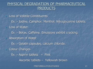 PHYSICAL DEGRADATION OF PHARMACEUTICAL
PRODUCTS
 Loss of Volatile Constituents
Ex :- Iodine, Camphor, Menthol, Nitroglycerine tablets.
 Loss of Water
Ex :- Borax, Caffeine, Emulsions exhibit cracking.
 Absorption of Water
Ex :- Gelatin capsules, calcium chloride.
 Colour Changes
Ex :- Aspirin tablets – Pink
Ascorbic tablets – Yellowish brown
61PREFORMULATION STUDIES
 