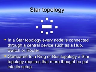 Star topologyStar topology
 In a Star topology every node is connectedIn a Star topology every node is connected
through a central device such as a Hub,through a central device such as a Hub,
Switch or RouterSwitch or Router
 Compared to a Ring or Bus topology a StarCompared to a Ring or Bus topology a Star
topology requires that more thought be puttopology requires that more thought be put
into its setupinto its setup
HUB
 