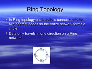 Ring TopologyRing Topology
 In Ring topology each node is connected to theIn Ring topology each node is connected to the
two nearest nodes so the entire network forms atwo nearest nodes so the entire network forms a
circlecircle
 Data only travels in one direction on a RingData only travels in one direction on a Ring
networknetwork
 