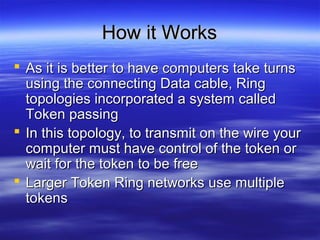 How it WorksHow it Works
 As it is better to have computers take turnsAs it is better to have computers take turns
using the connecting Data cable, Ringusing the connecting Data cable, Ring
topologies incorporated a system calledtopologies incorporated a system called
Token passingToken passing
 In this topology, to transmit on the wire yourIn this topology, to transmit on the wire your
computer must have control of the token orcomputer must have control of the token or
wait for the token to be freewait for the token to be free
 Larger Token Ring networks use multipleLarger Token Ring networks use multiple
tokenstokens
 