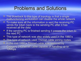 Problems and SolutionsProblems and Solutions
 The drawback to this type of topology is that a singleThe drawback to this type of topology is that a single
malfunctioning workstation can disable the whole networkmalfunctioning workstation can disable the whole network
 To make sure all the information is sent the receiving PCTo make sure all the information is sent the receiving PC
sends the token back to the sending PC after it hassends the token back to the sending PC after it has
received all the datareceived all the data
 If the sending PC is finished sending it passes the token toIf the sending PC is finished sending it passes the token to
the next PCthe next PC
 This type of network was also widely used in the 1980’sThis type of network was also widely used in the 1980’s
 This type of network used Thinnet cable joining nodes.This type of network used Thinnet cable joining nodes.
 In the mid 1980’s Thinnet cable was replaced byIn the mid 1980’s Thinnet cable was replaced by
Category 3 Ethernet cable capable of handling up toCategory 3 Ethernet cable capable of handling up to
10Mbps10Mbps
 