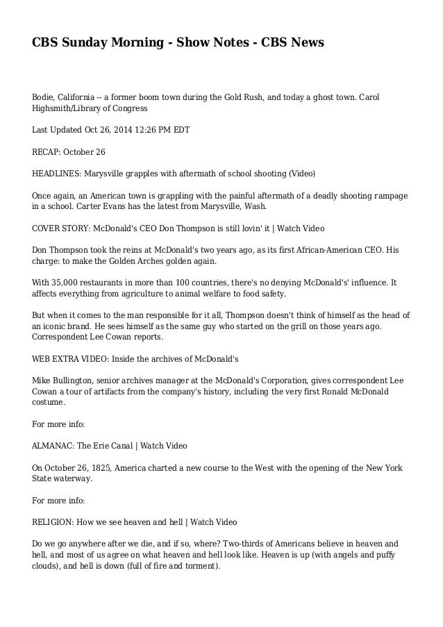 CBS Sunday Morning Show Notes CBS News