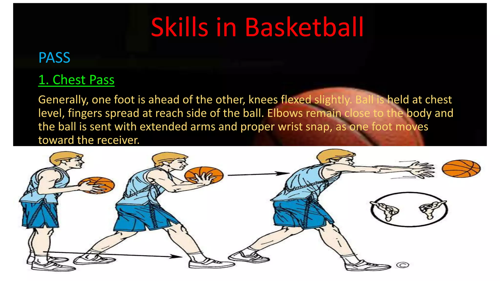 Skills in Basketball
PASS
1. Chest Pass
Generally, one foot is ahead of the other, knees flexed slightly. Ball is held at chest
level, fingers spread at reach side of the ball. Elbows remain close to the body and
the ball is sent with extended arms and proper wrist snap, as one foot moves
toward the receiver.
 