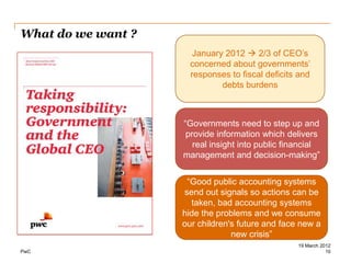What do we want ?
                       January 2012  2/3 of CEO’s
                      concerned about governments’
                      responses to fiscal deficits and
                              debts burdens



                    “Governments need to step up and
                     provide information which delivers
                       real insight into public financial
                    management and decision-making”


                     “Good public accounting systems
                    send out signals so actions can be
                      taken, bad accounting systems
                    hide the problems and we consume
                    our children's future and face new a
                                 new crisis”
                                                   19 March 2012
PwC                                                           10
 