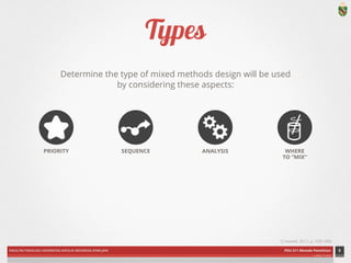 FAKULTAS PSIKOLOGI UNIVERSITAS KATOLIK INDONESIA ATMA JAYA PDU 211 Metode Penelitian 
ardhiati © 2014 
Types 
Determine the type of mixed methods design will be used 
by considering these aspects: 
9 
PRIORITY SEQUENCE ANALYSIS WHERE 
TO “MIX” 
(Creswell, 2012, p. 539-540) 
ICON CREDITS: Star by Alex S. Lakas; Redirect by Alexander Bickov; Gear by Reed Enger; Stir by Paul Slowinsky; Statistics by Mateo Zlatar; Conversation by Gregory Radek; Flask by hunotika; Test Tubes by hunotika; Shopping Cart by Márcio Duarte; Analysis by Boris Kaiser; Puzzle by SuperAtic LABS from The Noun Project 
 