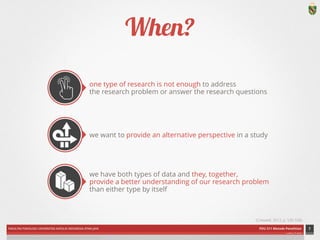 FAKULTAS PSIKOLOGI UNIVERSITAS KATOLIK INDONESIA ATMA JAYA PDU 211 Metode Penelitian 
ardhiati © 2014 
When? 
one type of research is not enough to address 
the research problem or answer the research questions 
7 
we want to provide an alternative perspective in a study 
we have both types of data and they, together, 
provide a better understanding of our research problem 
than either type by itself 
(Creswell, 2012, p. 535-536) 
ICON CREDITS: Double Tap by Gary Lim; Two boxes by Ben Peetermans from The Noun Project 
 