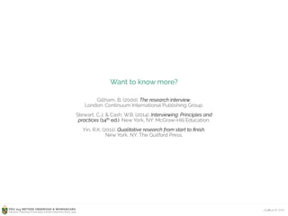 Ardhiati © 2015PDU 214 METODE OBSERVASI & WAWANCARA
Fakultas Psikologi Universitas Katolik Indonesia Atma Jaya
Want to know more?
Gillham, B. (2000). The research interview. 
London: Continuum International Publishing Group.
Stewart, C.J. & Cash, W.B. (2014). Interviewing: Principles and
practices (14th ed.). New York, NY: McGraw-Hill Education.
Yin, R.K. (2011). Qualitative research from start to ﬁnish. 
New York, NY: The Guilford Press.
 