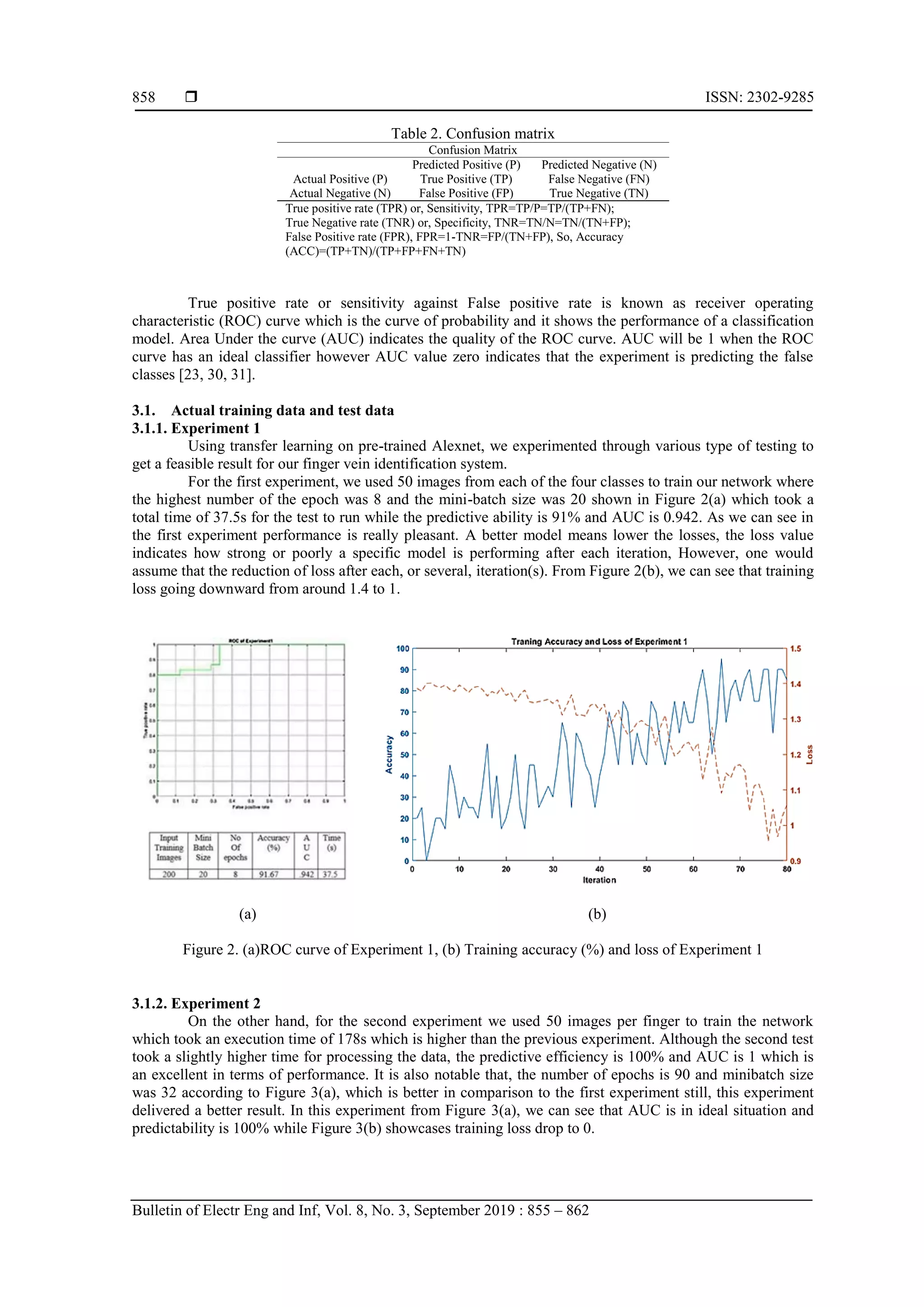  ISSN: 2302-9285
Bulletin of Electr Eng and Inf, Vol. 8, No. 3, September 2019 : 855 – 862
858
Table 2. Confusion matrix
Confusion Matrix
Predicted Positive (P) Predicted Negative (N)
Actual Positive (P) True Positive (TP) False Negative (FN)
Actual Negative (N) False Positive (FP) True Negative (TN)
True positive rate (TPR) or, Sensitivity, TPR=TP/P=TP/(TP+FN);
True Negative rate (TNR) or, Specificity, TNR=TN/N=TN/(TN+FP);
False Positive rate (FPR), FPR=1-TNR=FP/(TN+FP), So, Accuracy
(ACC)=(TP+TN)/(TP+FP+FN+TN)
True positive rate or sensitivity against False positive rate is known as receiver operating
characteristic (ROC) curve which is the curve of probability and it shows the performance of a classification
model. Area Under the curve (AUC) indicates the quality of the ROC curve. AUC will be 1 when the ROC
curve has an ideal classifier however AUC value zero indicates that the experiment is predicting the false
classes [23, 30, 31].
3.1. Actual training data and test data
3.1.1. Experiment 1
Using transfer learning on pre-trained Alexnet, we experimented through various type of testing to
get a feasible result for our finger vein identification system.
For the first experiment, we used 50 images from each of the four classes to train our network where
the highest number of the epoch was 8 and the mini-batch size was 20 shown in Figure 2(a) which took a
total time of 37.5s for the test to run while the predictive ability is 91% and AUC is 0.942. As we can see in
the first experiment performance is really pleasant. A better model means lower the losses, the loss value
indicates how strong or poorly a specific model is performing after each iteration, However, one would
assume that the reduction of loss after each, or several, iteration(s). From Figure 2(b), we can see that training
loss going downward from around 1.4 to 1.
(a) (b)
Figure 2. (a)ROC curve of Experiment 1, (b) Training accuracy (%) and loss of Experiment 1
3.1.2. Experiment 2
On the other hand, for the second experiment we used 50 images per finger to train the network
which took an execution time of 178s which is higher than the previous experiment. Although the second test
took a slightly higher time for processing the data, the predictive efficiency is 100% and AUC is 1 which is
an excellent in terms of performance. It is also notable that, the number of epochs is 90 and minibatch size
was 32 according to Figure 3(a), which is better in comparison to the first experiment still, this experiment
delivered a better result. In this experiment from Figure 3(a), we can see that AUC is in ideal situation and
predictability is 100% while Figure 3(b) showcases training loss drop to 0.
 
