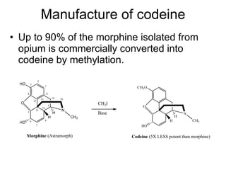 Manufacture of codeine Up to 90% of the morphine isolated from opium is commercially converted into codeine by methylation. 