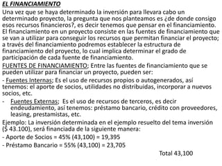 EL FINANCIAMIENTO
Una vez que se haya determinado la inversión para llevara cabo un
determinado proyecto, la pregunta que nos planteamos es ¿de donde consigo
esos recursos financieros?, es decir tenemos que pensar en el financiamiento.
El financiamiento en un proyecto consiste en las fuentes de financiamiento que
se van a utilizar para conseguir los recursos que permitan financiar el proyecto;
a través del financiamiento podremos establecer la estructura de
financiamiento del proyecto, lo cual implica determinar el grado de
participación de cada fuente de financiamiento.
FUENTES DE FINANCIAMIENTO; Entre las fuentes de financiamiento que se
pueden utilizar para financiar un proyecto, pueden ser:
- Fuentes Internas; Es el uso de recursos propios o autogenerados, así
tenemos: el aporte de socios, utilidades no distribuidas, incorporar a nuevos
socios, etc.
- Fuentes Externas; Es el uso de recursos de terceros, es decir
endeudamiento, así tenemos: préstamo bancario, crédito con proveedores,
leasing, prestamistas, etc.
Ejemplo: La inversión determinada en el ejemplo resuelto del tema inversión
($ 43.100), será financiada de la siguiente manera:
- Aporte de Socios = 45% (43,100) = 19,395
- Préstamo Bancario = 55% (43,100) = 23,705
Total 43,100
 