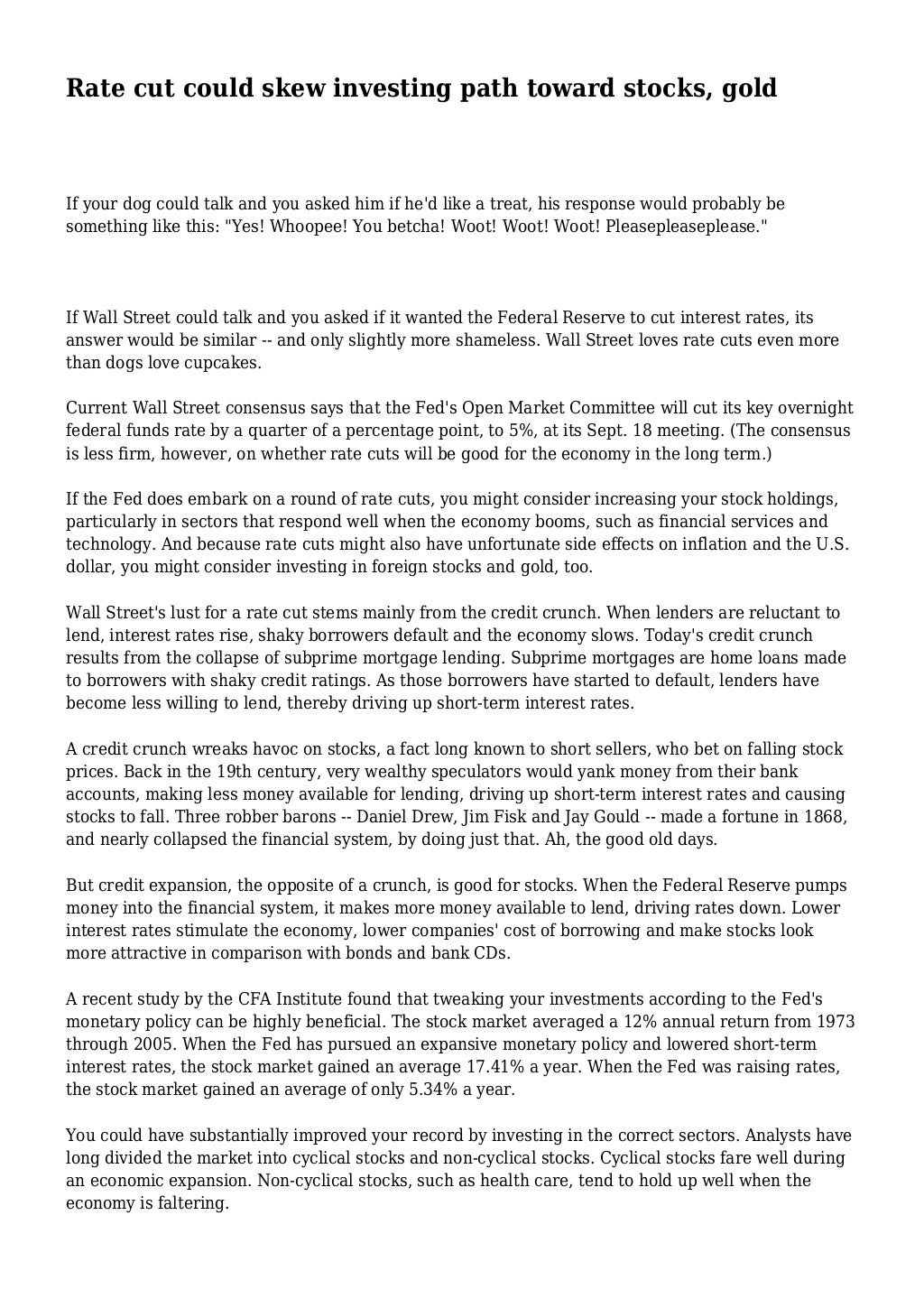 Rate cut could skew investing path toward stocks, gold