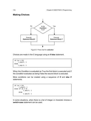 118                                            Chapter 6 C8051F020 C Programming


Making Choices




                     No              Is the             Yes
                                   Condition
                                     True?




                 Execute                                Execute
            Statement Block2                       Statement Block 1




                      Figure 6.1 Flow chart for selection


Choices are made in the C language using an if else statement.


 if (x > 10)
      { y=y+1; }
 else
      { y=y-1; }



When the Condition is evaluated as True the first block is executed and if
the Condition evaluates as being False the second block is executed.
More conditions can be created using a sequence of if and else if
statements.


 if (x > 10)
      { y=y+1; }
 else if (x > 0)
           { y=y-1; }
      else
           { y=y-2; }



In some situations, when there is a list of integer or character choices a
switch-case statement can be used.
 