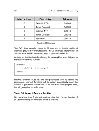 124                                          Chapter 6 C8051F020 C Programming




      Interrupt No.          Description                   Address
           0             External INT 0                      0x0003
           1             Timer/ Counter 0                    0x000B
           2             External INT 1                      0x0013
           3             Timer/ Counter 1                    0x001B
           4             Serial Port                         0x0023

                          Table 6.6 8051 Interrupts


The Cx51 has extended these to 32 interrupts to handle additional
interrupts provided by manufacturers. The 22 interrupts implemented in
Silicon Labs C8051F020 are discussed in detail in Chapter 11.
An interrupt function is declared using the interrupt key word followed by
the required interrupt number.

 int count;

 void timer1_ISR (void) interrupt 3
 {
   count++;
 }



Interrupt functions must not take any parameters and not return any
parameters. Interrupt functions will be called automatically when the
interrupt is generated; they should not be called in normal program code,
this will generate a compiler error.


Timer 3 Interrupt Service Routine
We can write a timer 3 Interrupt service routine that changes the state of
an LED depending on whether a switch is pressed-
 