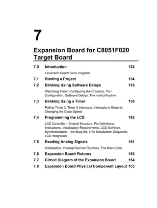 7
Expansion Board for C8051F020
Target Board
7.0   Introduction                                                     132
      Expansion Board Block Diagram
7.1   Starting a Project                                               134
7.2   Blinking Using Software Delays                                   135
      Watchdog Timer, Configuring the Crossbar, Port
      Configuration, Software Delays, The main() Routine
7.3   Blinking Using a Timer                                           138
      Polling Timer 3, Timer 3 Interrupts, Interrupts in General,
      Changing the Clock Speed
7.4   Programming the LCD                                              142
      LCD Controller – Overall Structure, Pin Definitions,
      Instructions, Initialization Requirements, LCD Software,
      Synchronization – the Busy Bit, 8-Bit Initialization Sequence,
      LCD Integration
7.5   Reading Analog Signals                                           151
      Initialization, Interrupt Service Routines, The Main Code
7.6   Expansion Board Pictures                                         153
7.7   Circuit Diagram of the Expansion Board                           154
7.8   Expansion Board Physical Component Layout 155
 