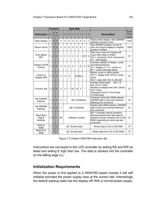 Chapter 7 Expansion Board For C8051F020 Target Board                                                    145



                 Control              Data Bits
                                                                                                      Exec
                   R R                                                                                Time
 Instruction     E          7   6     5   4    3   2     1   0              Description
                   S W
                                                                                                       (µs)
                                                                 Clears entire display. Sets DDRAM
 Clear Display ↑↓ 0 0       0   0     0   0    0   0     0   1                                          1520
                                                                 address counter to zero.
                                                                 Sets DDRAM address counter to
 Return Home ↑↓ 0 0         0   0     0   0    0   0     1   -   zero and returns display to original   1520
                                                                 position if shifted.
                                                                 Sets how curser and display will
  Entry Mode                                                     move when data is written.
                 ↑↓ 0 0     0   0     0   0    0   1 I/D S                                               37
     SET                                                         I/D=1: Increment, ID=0: Decrement
                                                                 S=1: shift display
                                                                 Controls visibility of display, curser
Display On/Off                                                   and blinking feature.
               ↑↓ 0 0       0   0     0   0    1   D     C   B                                           37
   Control                                                       D=1: display on, C=1: curser on,
                                                                 B=1: curser character blinks
                                                                 Moves curser or shifts display.
  Cursor or                                                      S/C=1, display shift, S/C=0, curser
                 ↑↓ 0 0     0   0     0       S/C R/L -      -                                           37
 Display Shift                                                   move
                                                                 R/L=1, right shift, R/L=0, left shift
                                                                 Interface data length (DL=1:8
                                                                 bits, DL=0: 4 bits)
                                                                 Number of display lines (N=1:2lines,
 Function Set ↑↓ 0 0        0   0     1 DL N       F     -   -                                           37
                                                                 N=0,1:line)
                                                                 Character Font (F=1:5x10 dots,
                                                                 F=0,5x8 dots)
                                                                 Character Generator RAM address.
 Set CGRAM
                 ↑↓ 0 0     0   1         b[5..0] Address        CGRAM data is sent and received         37
  Address
                                                                 following this command
                                                                 Display Data RAM address. DDRAM
 Set DDRAM
                 ↑↓ 0 0     1          b[6..0] Address           data is sent and received following     37
  Address
                                                                 this command
                                                                 BF=1 indicates internal operation
  Read Busy                                                      still being performed. Also returns
    Flag &       ↑1 0 1 BF            Address Counter            address counter contents (CG or DD 37
   Address                                                       RAM, depending on what was last
                                                                 accessed)
   Write to
                 ↑↓ 1 0             b[7..0] write data              Writes data to CG or DD RAM         37
    RAM
  Read from
                 ↑↓ 1 1             b[7..0] read data             Reads data from CG or DD RAM          37
    RAM

                           Figure 7.13 Hitachi HD44780 Instruction Set


Instructions are conveyed to the LCD controller by setting RS and RW as
listed and setting E high then low. The data is clocked into the controller
on the falling edge (↓).


Initialization Requirements
When the power is first applied to a HD44780 based module it will self
initialize provided the power supply rises at the correct rate. Interestingly
the default wakeup state has the display off! With a normal power supply,
 