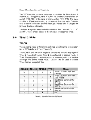 Chapter 8 Timer Operations and Programming                                    173


      The TCON register contains status and control bits for Timer 0 and 1
      (Table 8.6). The upper four bits in TCON are used to turn the timers on
      and off (TR0, TR1) or to signal a timer overflow (TF0, TF1). The lower
      four bits in TCON have nothing to do with the timers as such. They are
      used to detect and initiate external interrupts. Please refer to Chapter 11
      for more details on interrupts.
      The other 4 registers associated with Timers 0 and 1 are TL0, TL1, TH0
      and TH1. These enable access to the timers as two separate bytes.


8.8   Timer 2 SFRs

      T2CON
      The operating mode of Timer 2 is selected by setting the configuration
      bits in T2CON (Table 8.7 and Table 8.8).
      The RCAP2L and RCAP2H registers capture the low and high byte of
      Timer 2 respectively when Timer 2 is configured in capture mode. If
      Timer 2 is configured in auto-reload mode, these registers hold the low
      and high byte of the reload value. TL2 and TH2 are used to access
      Timer 2 as two separate bytes.


       RCLK0 TCLK0 CP/RL2 TR2                                          Mode
                                                        16 Bit Counter/Timer with
           0            0            1             1
                                                        Capture
                                                        16 Bit Counter/Timer with
           0            0            0             1
                                                        Auto-reload
                                                        Baud Rate Generator for
           0            1            X             1
                                                        UART0
                                                        Baud Rate Generator for
           1            0            X             1
                                                        UART0
                                                        Baud Rate Generator for
           1            1            X             1
                                                        UART0
           X            X            X             0    Off
                            Table 8.7 Mode Configuration for Timer 2
 