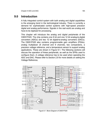 Chapter 9 ADC and DAC                                                                                                                                185


9.0   Introduction
      A fully integrated control system with both analog and digital capabilities
      is the emerging trend in the technological industry. There is currently a
      demand for sophisticated control systems with high-speed precision
      digital and analog performance. Signals in the real world are analog and
      have to be digitized for processing.
      This chapter will introduce the analog and digital peripherals of the
      C8051F020. The chip contains one 8 bit and one 12 bit analog-to-digital
      converters (ADCs) and two 12 bit digital-to-analog converters (DACs).
      The C8051F020 also contains programmable gain amplifiers (PGAs),
      analog multiplexer (8 channel and 9 channel), two comparators, a
      precision voltage reference, and a temperature sensor to support analog
      applications. These are shown in Figure 9.1. The following sections will
      discuss the operation of these peripherals, as well as the SFRs used to
      configure them. A voltage reference has to be used when operating the
      ADC and DAC. Please refer to Section 2.8 for more details on setting the
      Voltage Reference.

        VDD
        VDD
                                                                                            Port I/O
                                                                                            Config.
        VDD    Digital Power
       DGND
                                                                                             UART0
       DGND
       DGND                                                  8                               UART1
                                                                                                                                      P0
                                                                                                                                      Drv
                                                                                                                                                   P0.0

                                                                                                                                                   P0.7

                                                             0
        AV+
        AV+    Analog Power                                                                  SMBus                       C
       AGND
       AGND                                                                                 SPI Bus
                                                                                                                         R            P1           P1.0/AIN1.0

        TCK
                                   Boundary Scan
                                                             5                                PCA
                                                                                                                         O
                                                                                                                         S
                                                                                                                                      Drv          P1.7/AIN1.7
        TMS           JTAG
        TDI
        TDO
                      Logic           Debug HW               1         SFR Bus
                                                                                            Timers 0,
                                                                                             1, 2, 4
                                                                                                                         S
                                                                                                                         B
                                                                                                                                      P2           P2.0

       /RST                                          Reset                                                                            Drv          P2.7
                                                                                            Timer 3/                     A
                                                                                              RTC                        R
                  VDD                                                 64kbyte
       MONEN
                 Monitor
                                      WDT
                                                             C        FLASH
                                                                                            P0, P1,
                                                                                            P2, P3
                                                                                                                                      P3
                                                                                                                                      Drv
                                                                                                                                                   P3.0

                                                                                                                                                   P3.7
                External                                                                    Latches
       XTAL1
       XTAL2
                Oscillator                                   o        256 byte
                                                                                            Crossbar
                 Circuit                System                         RAM
                 Internal
                                        Clock                r                               Config.

                Oscillator
                                                                       4kbyte                                                                      VREF1
                                                             e          RAM                                    ADC
                                                                                                                               Prog
                                                                                                                                       A
                                                                                                                                       M    8:1
                                                                                                               500ksps
        VREF             VREF                                                                                                  Gain    U
                                                                                                               (8-Bit)                 X
       VREFD

                         DAC1
                                                                 External Data Memory Bus                                                          P4.0
        DAC1
                        (12-Bit)                                                                 Bus Control      C      P4 Latch             P4   P4.4
                                                                                                                  T                          DRV   P4.5/ALE
                         DAC0                                                                                     L                                P4.6/RD
        DAC0
                        (12-Bit)                                                                                                                   P4.7/WR
       VREF0
                                                                                                                         P5 Latch             P5   P5.0/A8
      AIN0.0                                                                                                      A                          DRV
      AIN0.1                                                                                     Address Bus      d                                P5.7/A15
      AIN0.2    A                                    ADC                                                          d      P6 Latch             P6   P6.0/A0
      AIN0.3    M              Prog
      AIN0.4    U              Gain              100ksps                                                          r                          DRV   P6.7/A7
      AIN0.5
      AIN0.6
                X                                 (12-Bit)
      AIN0.7
                                                                                                                  D      P7 Latch             P7   P7.0/D0
                             TEMP                                                                   Data Bus
                            SENSOR                                                                                a                          DRV
        CP0+                                                                                                                                       P7.7/D7
               CP0                                                                                                t
        CP0-
                                                                                                                  a
        CP1+
                      CP1
        CP1-


                                                   Figure 9.1 Block Diagram of C8051F020
 