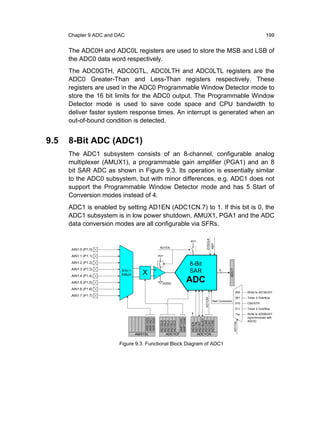 Chapter 9 ADC and DAC                                                                                                      199


      The ADC0H and ADC0L registers are used to store the MSB and LSB of
      the ADC0 data word respectively.
      The ADC0GTH, ADC0GTL, ADC0LTH and ADC0LTL registers are the
      ADC0 Greater-Than and Less-Than registers respectively. These
      registers are used in the ADC0 Programmable Window Detector mode to
      store the 16 bit limits for the ADC0 output. The Programmable Window
      Detector mode is used to save code space and CPU bandwidth to
      deliver faster system response times. An interrupt is generated when an
      out-of-bound condition is detected.


9.5   8-Bit ADC (ADC1)
      The ADC1 subsystem consists of an 8-channel, configurable analog
      multiplexer (AMUX1), a programmable gain amplifier (PGA1) and an 8
      bit SAR ADC as shown in Figure 9.3. Its operation is essentially similar
      to the ADC0 subsystem, but with minor differences, e.g. ADC1 does not
      support the Programmable Window Detector mode and has 5 Start of
      Conversion modes instead of 4.
      ADC1 is enabled by setting AD1EN (ADC1CN.7) to 1. If this bit is 0, the
      ADC1 subsystem is in low power shutdown. AMUX1, PGA1 and the ADC
      data conversion modes are all configurable via SFRs.
                                                                                SYSCLK




                                                                     AV+
                                                                                         REF




                                                 AD1EN
       AIN1.0 (P1.0)
       AIN1.1 (P1.1)                            AV+

       AIN1.2 (P1.2)
                                                                     8-Bit
       AIN1.3 (P1.3)
                                     X     +                         SAR
                                                                                                      ADC1




                         8-to-1                                                                8
       AIN1.4 (P1.4)     AMUX              -
       AIN1.5 (P1.5)                              AGND
                                                                 ADC
       AIN1.6 (P1.6)
                                                                                                              000   Write to AD1BUSY
       AIN1.7 (P1.7)
                                                                                                              001   Timer 3 Overflow
                                                                              AD1CM




                                                                                         Start Conversion
                                                                                                              010   CNVSTR
                                                                                                              011   Timer 2 Overflow
                                                                                                              1xx   Write to AD0BUSY
                                                                                                                    (synchronized with
                                      AMX1AD2
                                      AMX1AD1
                                      AMX1AD0




                                                           AMP1GN1
                                                           AMP1GN0




                                                                     AD1BUSY




                                                                                                                    ADC0)
                                                                     AD1CM2
                                                                     AD1CM1
                                                                     AD1CM0
                                                AD1SC4
                                                AD1SC3
                                                AD1SC2
                                                AD1SC1
                                                AD1SC0




                                                                     AD1INT




                                                                                                            AD1CM
                                                                     AD1TM
                                                                     AD1EN




                                  AMX1SL              ADC1CF               ADC1CN

                        Figure 9.3 Functional Block Diagram of ADC1
 