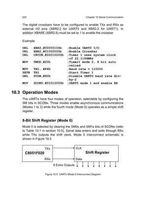 220                                              Chapter 10 Serial Communication


    The digital crossbars have to be configured to enable TXx and RXx as
    external I/O pins (XBR0.2 for UART0 and XBR2.2 for UART1). In
    addition XBARE (XBR2.6) must be set to 1 to enable the crossbar.

    Example:

    ORL    XBR0,#00000100b           ;Enable UART0 I/O
    ORL    XBR2,#01000000b           ;Enable Crossbar
    ORL    CKCON,#00010000b          ;Timer 1 uses system clock
                                     ;of 22.1184MHz
    MOV    TMOD,#20h                 ;Timer1 mode 2, 8 bit auto
                                     ;reload
    MOV    TH1, #F4h                 ;Baud rate = 115200
    SETB   TR1                       ;Start Timer 1
    ORL    PCON,#80h                 ;Disable UART0 baud rate div-
                                     ;by-2
    MOV    SCON0,#01010000b          ;UART0 mode 1 and enable RX


10.3 Operation Modes
    The UARTs have four modes of operation, selectable by configuring the
    SM bits in SCONx. Three modes enable asynchronous communications
    (Modes 1 to 3) while the fourth mode (Mode 0) operates as a simple shift
    register.


    8-Bit Shift Register (Mode 0)
    Mode 0 is selected by clearing the SM0x and SM1x bits of SCONx (refer
    to Table 10.1 in section 10.5). Serial data enters and exits through RXx
    while TXx outputs the shift clock. Mode 0 interconnect schematic is
    shown in Figure 10.5


                   TXx                      CLK
      C8051F020                                     Shift Register
                   RXx                      Data
                          8 Extra Outputs


                    Figure 10.5 UARTx Mode 0 Interconnect Diagram
 