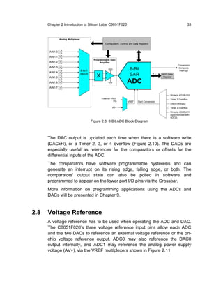 Chapter 2 Introduction to Silicon Labs’ C8051F020                                                                         33



                Analog Multiplexer
                                                        Configuration, Control, and Data Registers


       AIN1.0
       AIN1.1
                                               Programmable Gain
       AIN1.2                                       Amplifier
                                                                                                                        Conversion
       AIN1.3
                                     8-to-1
                                                            AV+                8-Bit                                     Complete
                                                                                                                         Interrupt
       AIN1.4
                                     AMUX
                                                 X      +                      SAR                   8    ADC Data
       AIN1.5                                           -                                                  Register

       AIN1.6                                                                ADC
       AIN1.7

                                                                                                                 Write to AD1BUSY
                                                     External VREF                                               Timer 3 Overflow
                                                                Pin          VREF      Start Conversion
                                                                                                                 CNVSTR Input
                                                              AV+                                                Timer 2 Overflow
                                                                                                                 Write to AD0BUSY
                                                                                                                 (synchronized with
                                                                                                                 ADC0)
                                              Figure 2.8 8-Bit ADC Block Diagram



      The DAC output is updated each time when there is a software write
      (DACxH), or a Timer 2, 3, or 4 overflow (Figure 2.10). The DACs are
      especially useful as references for the comparators or offsets for the
      differential inputs of the ADC.
      The comparators have software programmable hysteresis and can
      generate an interrupt on its rising edge, falling edge, or both. The
      comparators' output state can also be polled in software and
      programmed to appear on the lower port I/O pins via the Crossbar.
      More information on programming applications using the ADCs and
      DACs will be presented in Chapter 9.



2.8   Voltage Reference
      A voltage reference has to be used when operating the ADC and DAC.
      The C8051F020’s three voltage reference input pins allow each ADC
      and the two DACs to reference an external voltage reference or the on-
      chip voltage reference output. ADC0 may also reference the DAC0
      output internally, and ADC1 may reference the analog power supply
      voltage (AV+), via the VREF multiplexers shown in Figure 2.11.
 