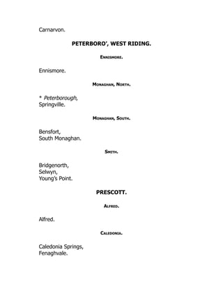 Carnarvon.
PETERBORO’, WEST RIDING.
Ennismore.
Ennismore.
Monaghan, North.
* Peterborough,
Springville.
Monaghan, South.
Bensfort,
South Monaghan.
Smith.
Bridgenorth,
Selwyn,
Young’s Point.
PRESCOTT.
Alfred.
Alfred.
Caledonia.
Caledonia Springs,
Fenaghvale.
 