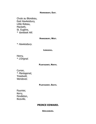 Hawkesbury, East.
Chute au Blondeau,
East Hawkesbury,
Little Rideau,
Macbeth,
St. Eugène,
* Vankleek Hill.
Hawkesbury, West.
* Hawkesbury.
Longueuil.
Henry,
* L’Orignal.
Plantagenet, North.
Curran,
* Plantagenet,
Treadwell,
Wendover.
Plantagenet, South.
Fournier,
Kerry,
Pendleton,
Riceville.
PRINCE EDWARD.
Ameliasburg.
 