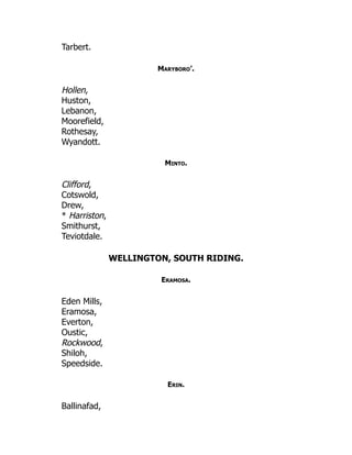 Tarbert.
Maryboro’.
Hollen,
Huston,
Lebanon,
Moorefield,
Rothesay,
Wyandott.
Minto.
Clifford,
Cotswold,
Drew,
* Harriston,
Smithurst,
Teviotdale.
WELLINGTON, SOUTH RIDING.
Eramosa.
Eden Mills,
Eramosa,
Everton,
Oustic,
Rockwood,
Shiloh,
Speedside.
Erin.
Ballinafad,
 