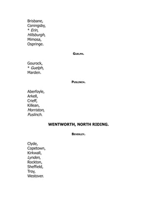 Brisbane,
Coningsby,
* Erin,
Hillsburgh,
Mimosa,
Ospringe.
Guelph.
Gourock,
* Guelph,
Marden.
Puslinch.
Aberfoyle,
Arkell,
Crieff,
Killean,
Morriston,
Puslinch.
WENTWORTH, NORTH RIDING.
Beverley.
Clyde,
Copetown,
Kirkwall,
Lynden,
Rockton,
Sheffield,
Troy,
Westover.
 