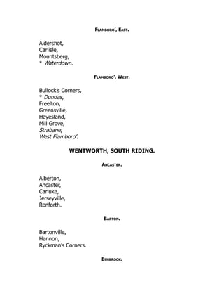 Flamboro’, East.
Aldershot,
Carlisle,
Mountsberg,
* Waterdown.
Flamboro’, West.
Bullock’s Corners,
* Dundas,
Freelton,
Greensville,
Hayesland,
Mill Grove,
Strabane,
West Flamboro’.
WENTWORTH, SOUTH RIDING.
Ancaster.
Alberton,
Ancaster,
Carluke,
Jerseyville,
Renforth.
Barton.
Bartonville,
Hannon,
Ryckman’s Corners.
Binbrook.
 