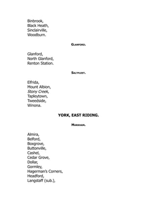 Binbrook,
Black Heath,
Sinclairville,
Woodburn.
Glanford.
Glanford,
North Glanford,
Renton Station.
Saltfleet.
Elfrida,
Mount Albion,
Stony Creek,
Tapleytown,
Tweedside,
Winona.
YORK, EAST RIDING.
Markham.
Almira,
Belford,
Boxgrove,
Buttonville,
Cashel,
Cedar Grove,
Dollar,
Gormley,
Hagerman’s Corners,
Headford,
Langstaff (sub.),
 