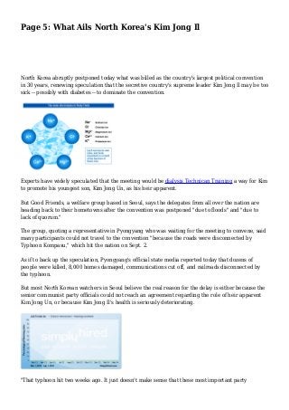 Page 5: What Ails North Korea's Kim Jong Il
North Korea abruptly postponed today what was billed as the country's largest political convention
in 30 years, renewing speculation that the secretive country's supreme leader Kim Jong Il may be too
sick -- possibly with diabetes -- to dominate the convention.
Experts have widely speculated that the meeting would be dialysis Technican Training a way for Kim
to promote his youngest son, Kim Jong Un, as his heir apparent.
But Good Friends, a welfare group based in Seoul, says the delegates from all over the nation are
heading back to their hometowns after the convention was postponed "due to floods" and "due to
lack of quorum."
The group, quoting a representative in Pyongyang who was waiting for the meeting to convene, said
many participants could not travel to the convention "because the roads were disconnected by
Typhoon Kompasu," which hit the nation on Sept. 2.
As if to back up the speculation, Pyongyang's official state media reported today that dozens of
people were killed, 8,000 homes damaged, communications cut off, and railroads disconnected by
the typhoon.
But most North Korean watchers in Seoul believe the real reason for the delay is either because the
senior communist party officials could not reach an agreement regarding the role of heir apparent
Kim Jong Un, or because Kim Jong Il's health is seriously deteriorating.
"That typhoon hit two weeks ago. It just doesn't make sense that these most important party
 