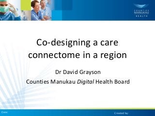Co-designing a care 
connectome in a region 
Dr David Grayson 
Counties Manukau Digital Health Board 
Date: Created by: 
 