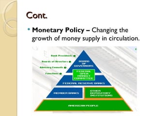 Cont.
   Monetary Policy – Changing the
    growth of money supply in circulation.
 