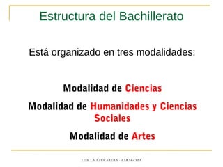 Estructura del Bachillerato
Está organizado en tres modalidades:
Modalidad de Ciencias
Modalidad de Humanidades y Ciencias
Sociales
Modalidad de Artes
I.E.S. LA AZUCARERA - ZARAGOZA
 
