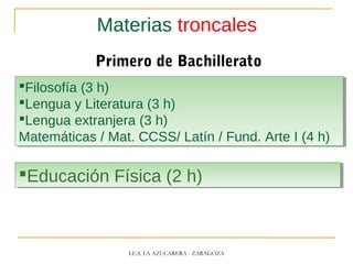 Materias troncales
Primero de Bachillerato
I.E.S. LA AZUCARERA - ZARAGOZA
Filosofía (3 h)
Lengua y Literatura (3 h)
Lengua extranjera (3 h)
Matemáticas / Mat. CCSS/ Latín / Fund. Arte I (4 h)
Filosofía (3 h)
Lengua y Literatura (3 h)
Lengua extranjera (3 h)
Matemáticas / Mat. CCSS/ Latín / Fund. Arte I (4 h)
Educación Física (2 h)Educación Física (2 h)
 